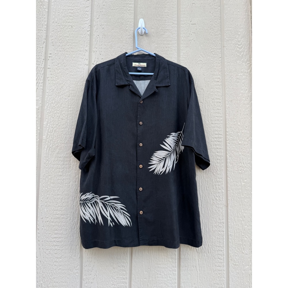 Tommy Bahama XL Silk Shirt Black Tropical Palm Leaf Camp Button Down